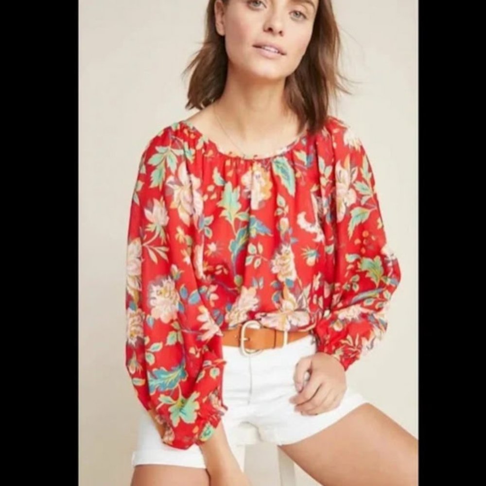 Anthropologie Maeve Lake House Red Floral Print Blouson Balloon Sleeve Blouse L